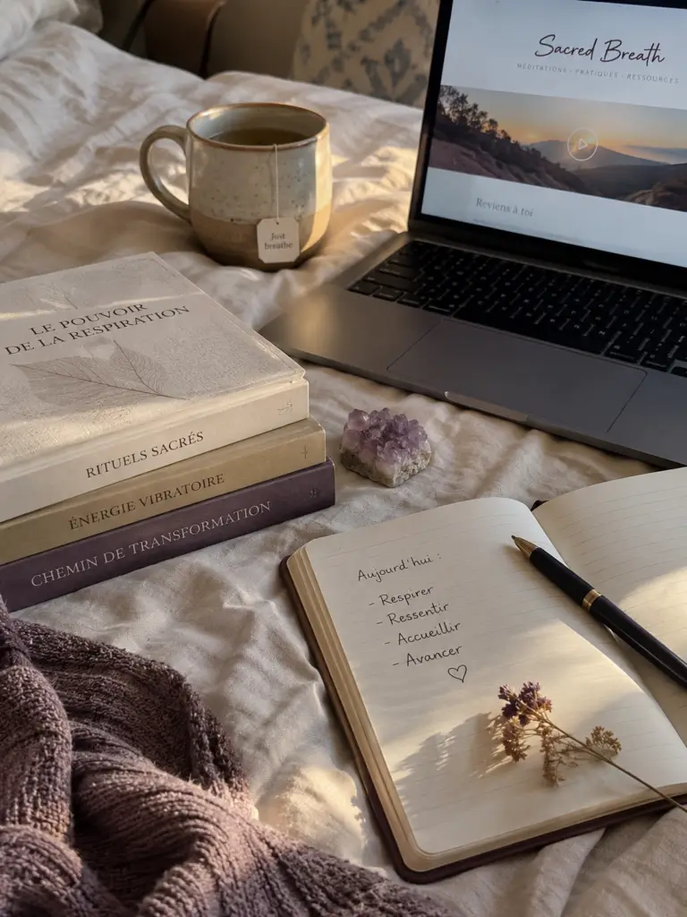 Ordinateur affichant des ressources de Sacred Breath, dans un décor détente